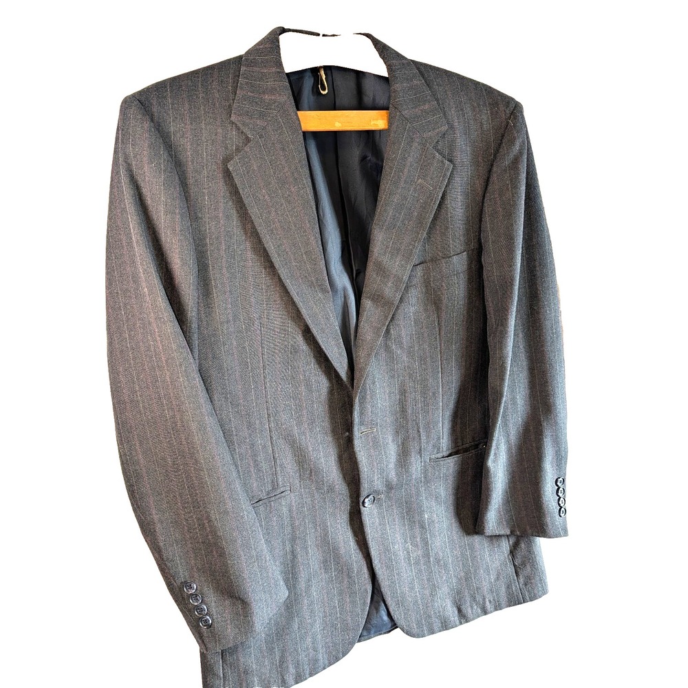 VTG 80s Men's Milbern 100% Wool Gray W/ Red Pinstripes Power Suit Jacket 42L